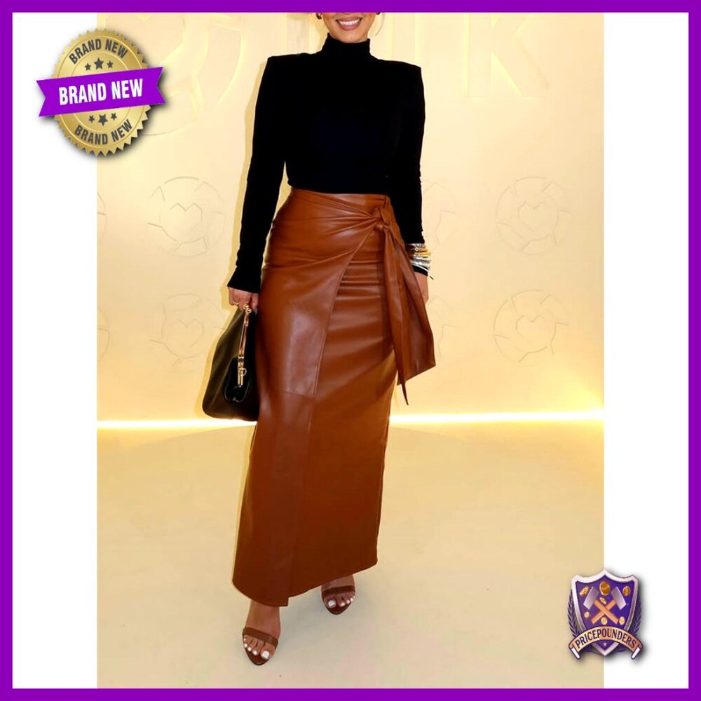 Faux Leather Pencil Skirt High Waisted Wrap Side Slit Work Office - Picture 4 of 4